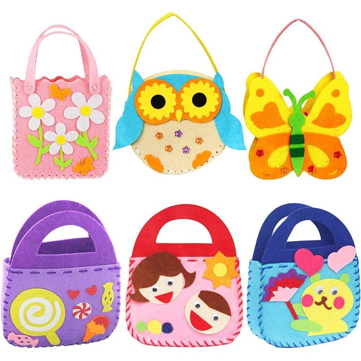 Set 6 kituri de cusut pentru copii, geanta din material textil, 6 modele, multicolor, 30x25cm