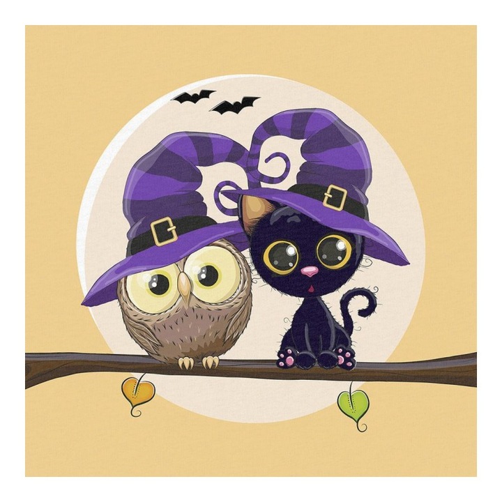 Material textil, Panou din tricot french terry 40x50 cm Halloween bufnita si pisica, bumbac 95%, elastan 5%