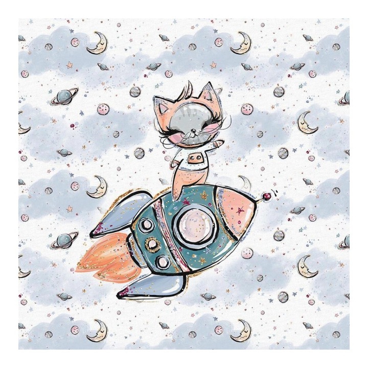 Material textil, Panou din tricot french terry 40x50 cm Pisica pe o racheta, bumbac 95%, elastan 5%