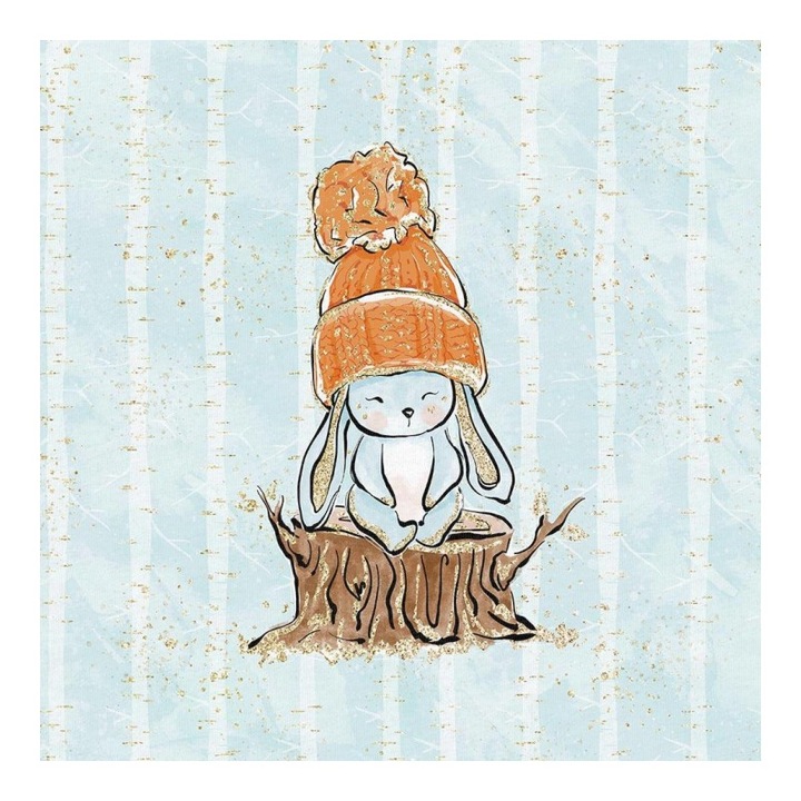 Material textil, Panou din tricot french terry 40x50 cm Iepure pe un bustean, bumbac 95%, elastan 5%