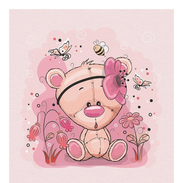 Material textil, Panou din tricot french terry 40x50 cm Ursulet de plus cu o floare, bumbac 95%, elastan 5%