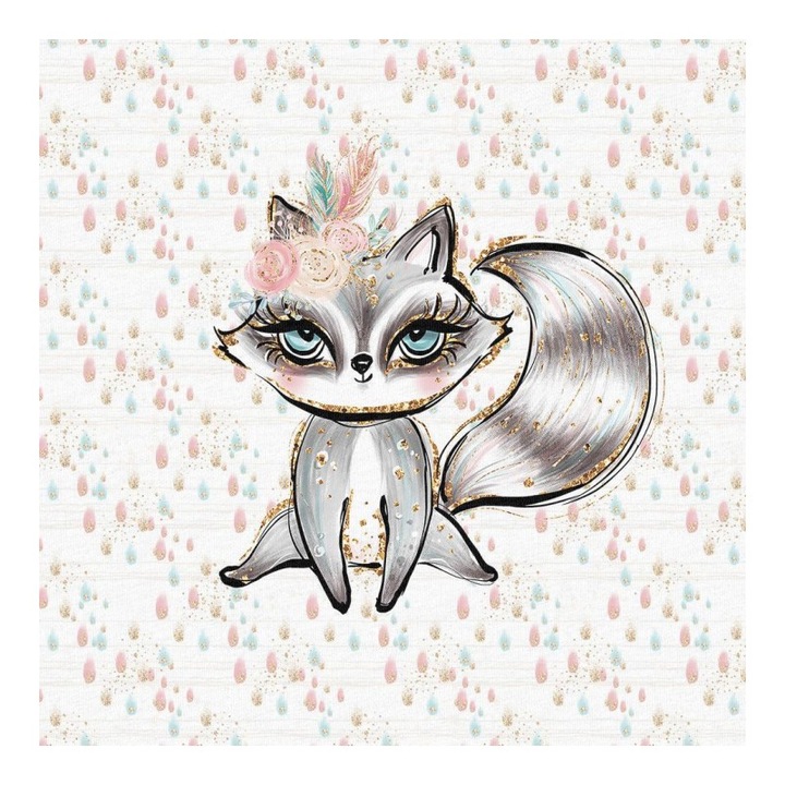 Material textil, Panou din tricot french terry 40x50 cm Boho raccoon, bumbac 95%, elastan 5%