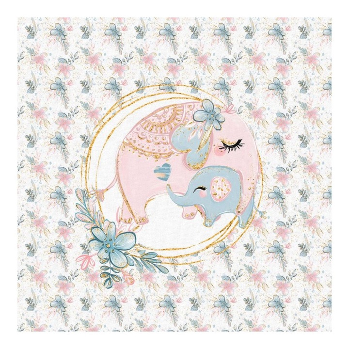 Material textil, Panou din tricot french terry 40x50 cm Baby Elefanti dulci, bumbac 95%, elastan 5%