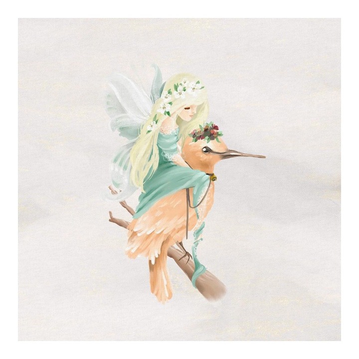 Material textil, Panou din tricot french terry 40x50 cm Padurea fermecata: Zana si pasarea, bumbac 95%, elastan 5%