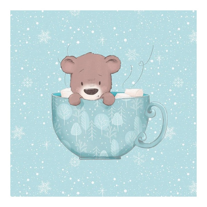 Material textil, Panou din tricot french terry 40x50 cm Teddy urs maro intr-o ceasca, bumbac 95%, elastan 5%