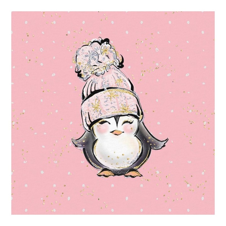 Material textil, Panou din tricot french terry 40x50 cm Pinguin arctic roz, bumbac 95%, elastan 5%