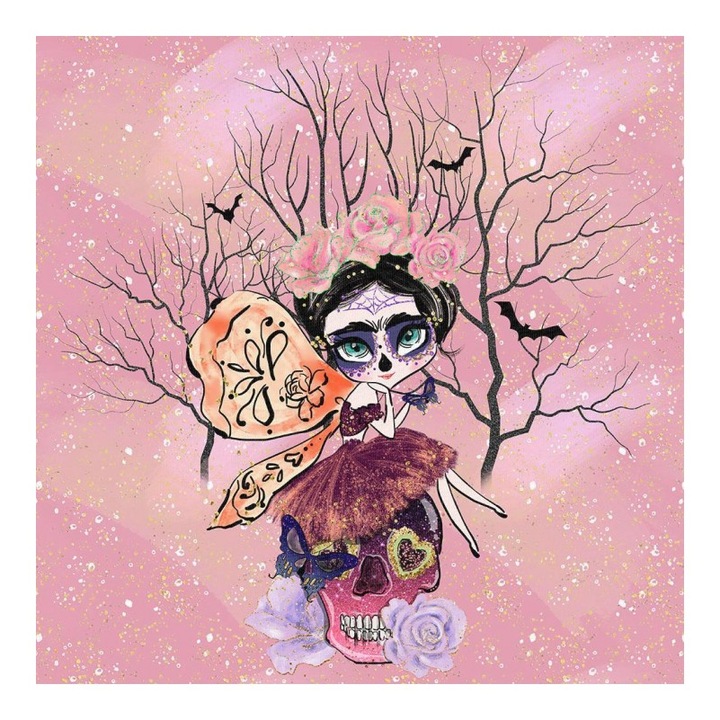 Material textil, Panou din tricot french terry 40x50 cm Halloween trandafir zana, bumbac 95%, elastan 5%