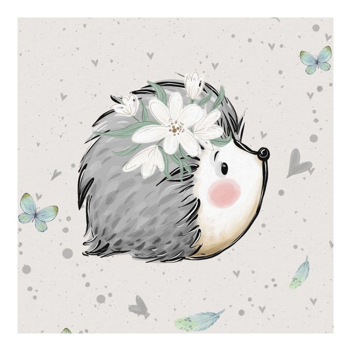 Material textil, Panou din tricot french terry 40x50 cm Aventurile din padure ale ariciului bej, bumbac 95%, elastan 5%