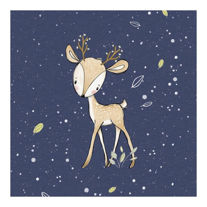 Material textil, Panou din tricot french terry 40x50 cm Aventurile din padure ale Uni Navy Deer, bumbac 95%, elastan 5%