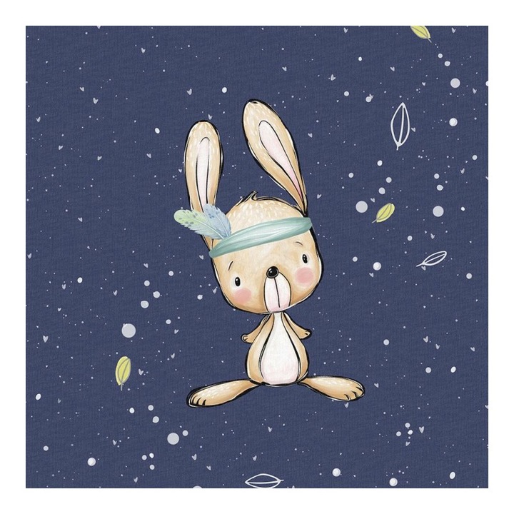 Material textil, Panou din tricot french terry 40x50 cm Aventurile din padure ale iepurelui Uni Navy, bumbac 95%, elastan 5%