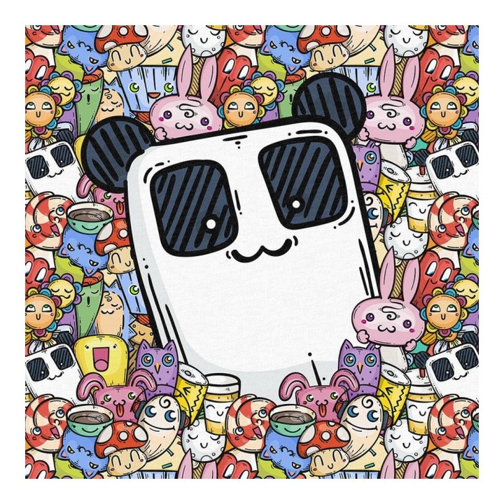 Material textil, Panou din tricot french terry 40x50 cm Scribbles: Happy Squad Panda, bumbac 95%, elastan 5%