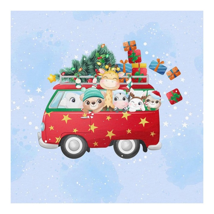 Material textil, Panou din tricot french terry 40x50 cm Xmas Winter Train: Merry autobuz, bumbac 95%, elastan 5%