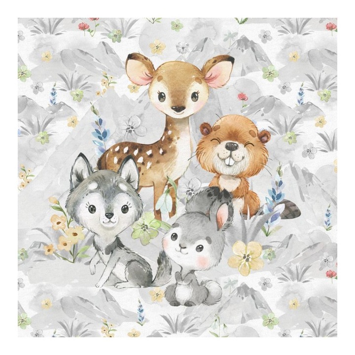 Material textil, Panou din tricot french terry 40x50 cm Izvorul muntelui: Iepurele si prietenii, bumbac 95%, elastan 5%