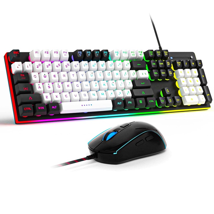 Set Tastatura si Mouse Gaming RGB Timebox, 104 Taste Iluminate, Baza Metalica, Design Negru, Compatibil Windows – Cadou Ideal pentru Gameri, Adolescenti sau Setup Tech Modern