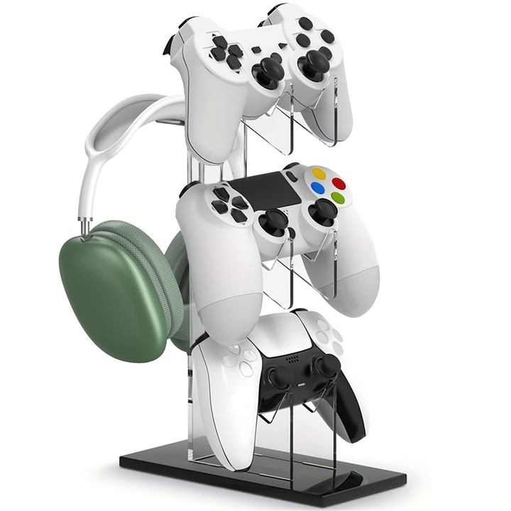 Kontroller tartó állvány, Hggzeg, 3 szintes, PS5/PS4/PS3/PS2/Switch/Xbox kompatibilis, csúszásgátló, erős és tartós, akril, 14x9x30,2 cm, átlátszó/fekete