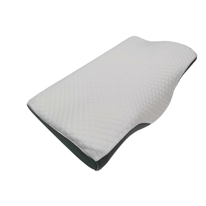 EMATTERIO® nyaki ortopéd párna, alváshoz, memóriahab és nyaktámasz, fejre és nyakra, közepes szilárdságú, méretei 60 x 38 cm, fehér/szürke