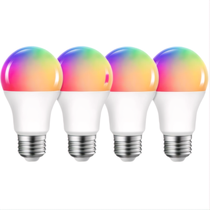 Комплект от 4 LED крушки, Smart RGB MTEvoTX 9W A19 E27, WiFi и Bluetooth, съвместими с Alexa, Google Home, 16M цвята, регулируема светлина, 600LM, енергиен клас F