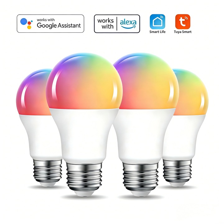 Set 4 Becuri LED Smart RGB MTEvoTX® 9W A19 E27, WiFi & Bluetooth, Compatibile cu Alexa, Google Assistant, 16M Culori, Lumina Reglabila, 600LM, Clasa Energetica F