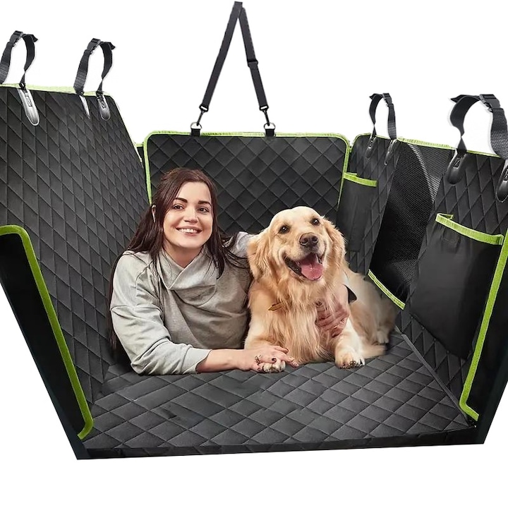 Husa scaune auto protectie si transport animale extinsa NextWave®️, insertie 3 placi pentru caini, pisici de toate taliile, rezistenta pana la 140 kg, ofera protectie bancheta spate autoturism, pat animale, Universala, Negru cu Verde