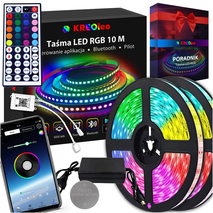 Banda LED RGB rezistenta la apa, 10m, control prin Bluetooth, aplicatie si telecomanda, KREOleo