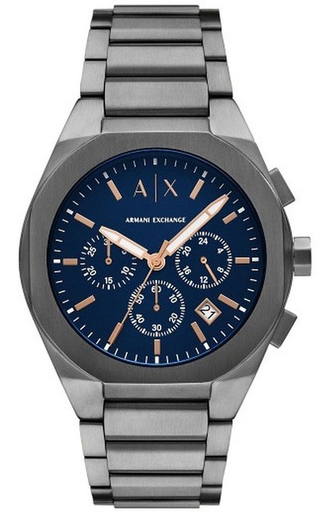 Ceas barbati Armani Exchange, gri, bratara din inox, cadran albastru, mecanism quartz, rezistent la apa 5 ATM