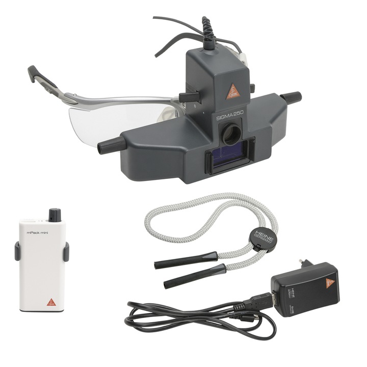 Kit oftalmoscop indirect SIGMA 250 M2, HEINE, Fibra de carbon, Filtru infrarosu incorporat, Iluminare LED, Negru