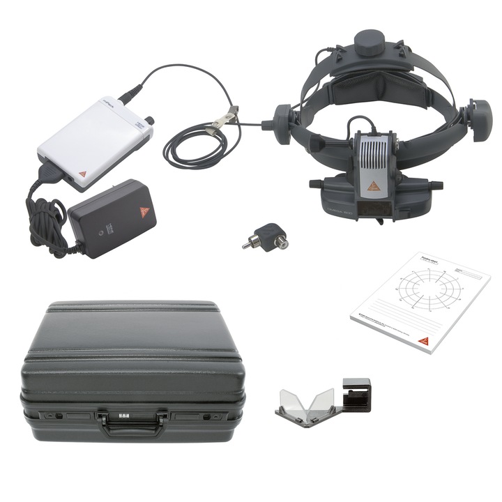 Set oftalmoscop indirect Omega 500 LED, Heine, sursa alimentare inclusa, 46x74mm, negru