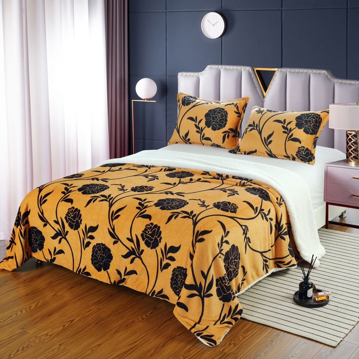 Set Patura Cocolino cu Blanita 3 Piese, 2 Fete de Perna, Pat 2 Persoane, 200 x 230 cm, Maro cu Flori