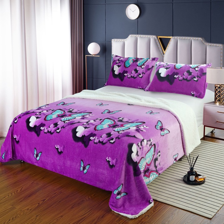 Set Patura Cocolino cu Blanita 3 Piese, 2 Fete de Perna, Pat 2 Persoane, 200 x 230 cm, Mov cu Fluturi