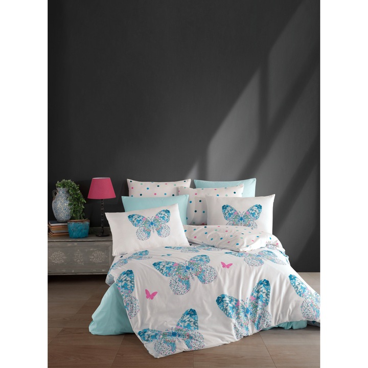 Majoli Bahar Home Collection единично спално бельо, 100% памук ранфорс, 144 TC, 3 части (чаршаф 160x220 см, чаршаф 160x240 см, 1 калъфка 50x70 см), Mariposa