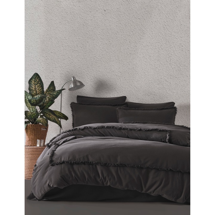 Lenjerie de pat dublu, Majoli Bahar Home Collection, 100% bumbac yarn dyed, 165 gsm, 6 piese(cearsaf de pilota 200x220cm, cearsaf pat 240x260 cm, 4 fete de perna 50x70cm), Maddox Dark Solid