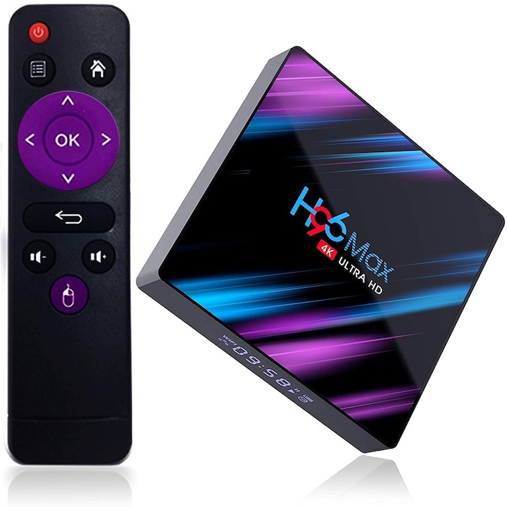 TV Box Android H96 Max, 4GB RAM, 32GB, 4K, Neagra, 10x10x1.8cm, Set complet