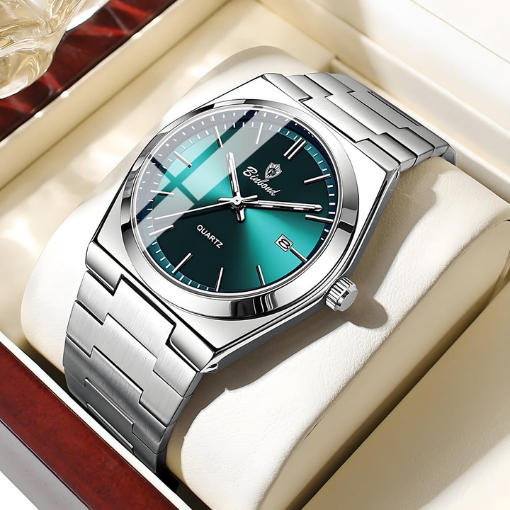 Мъжки часовник BinBond, кварцов, елегантен, стомана, сребрист, син