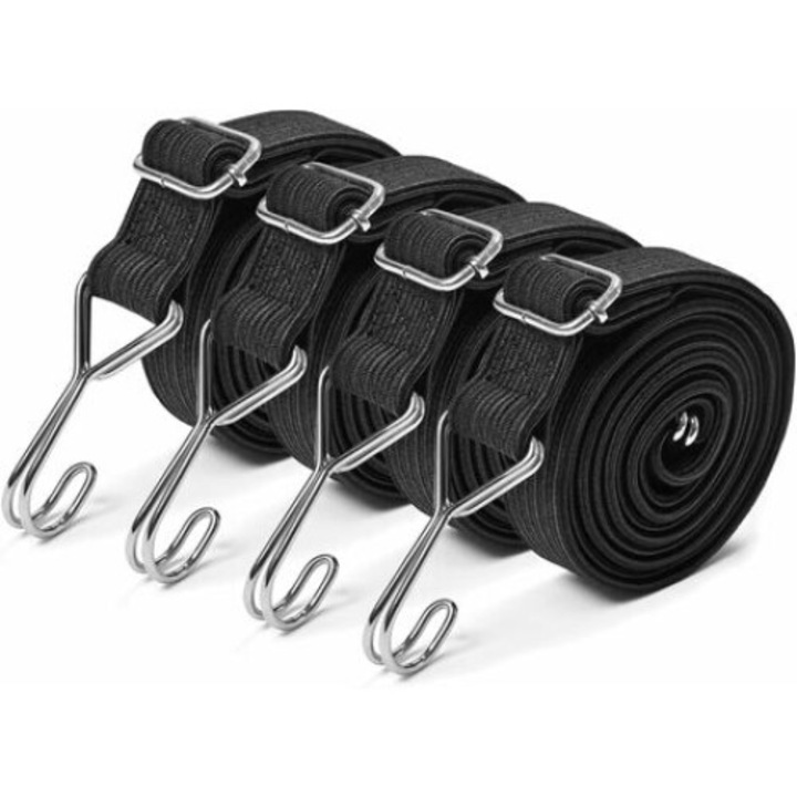 4 db rugalmas zsinór készlet, BGHYHYHI, Latex / Oxford / Fém, 3 x 110-200 cm, Felső rugalmassága 470 cm, Fekete