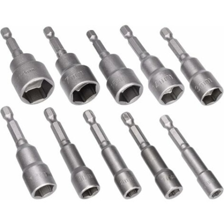 10db kulcsos készlet hatszögletű mágneses foglalattal, BGHYHYHI, 6mm-19mm, acél, ezüst, 67mm