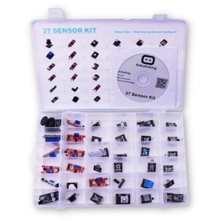 Set de 37 module senzori pentru Raspberry Pi, Arduino, ESP8266, ESP-01 si alte microcontrolere + cutie organizatoare. Include o gama larga de senzori si module utile pentru diverse proiecte, perfect pentru experimente DIY