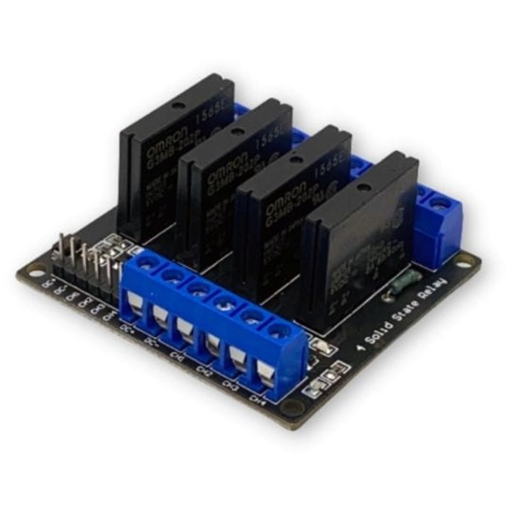 Modul Releu SSR OMRON cu 4 Canale, Declansare Redusa 5V, Compatibil cu Arduino, AVR, STM32, ESP8266 si Raspberry Pi, Izolare Galvanica, 2A/250V AC, Stare Activa Joasa, Contact Normal Deschis, Ideal pentru Controlul Dispozitivelor Electronice
