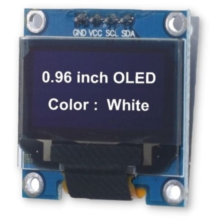 Afisaj OLED alb 0.96 inch, rezolutie 128x64 pixeli, I2C/SPI, tensiune 3-5V, controler SSD1306, compatibil cu Arduino, STM32, MSP430, dimensiuni 27x27x4mm, lizibilitate excelenta