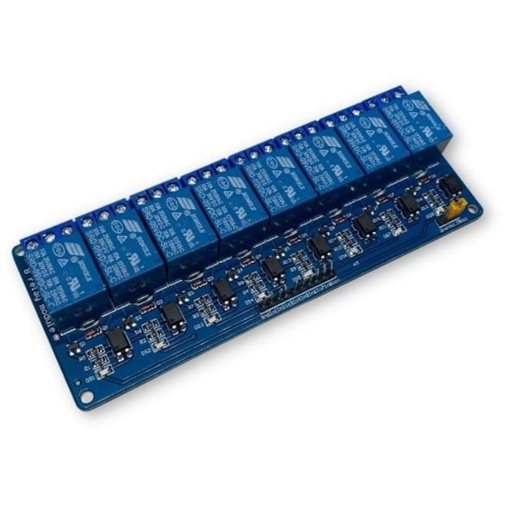 Modul cu 8 relee 5V pentru Raspberry Pi, Arduino – control sigur al dispozitivelor de mare putere pana la 10A (DC30V/AC250V), izolare optica, contacte NO/NC, indicator LED, dimensiuni compacte: 138 x 44 mm