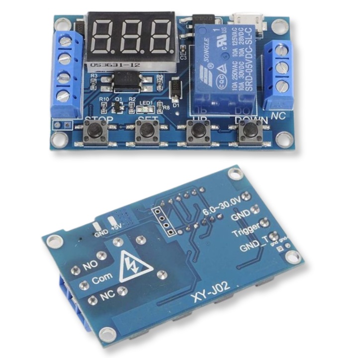Modul releu, 9 moduri, interval de timp 0.1 secunde la 999 minute, memorie setari, 62 mm x 38 mm x 18 mm