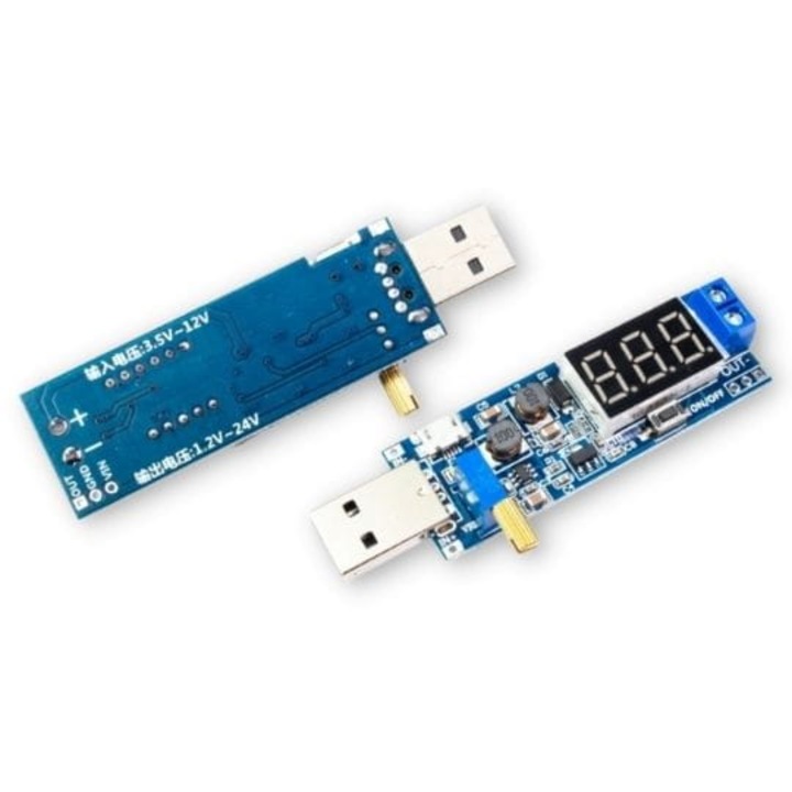 Convertor 2in1 USB Step-Up/Step-Down 24V, Tensiune Reglabila 1.2-24V, Afisaj pentru Tensiune de Iesire, Alimentare prin USB, MicroUSB si IN+/IN-, Putere 2W, Ideal pentru Gestionarea Energiei in Proiecte Electronice, Potentiometru Reglabil