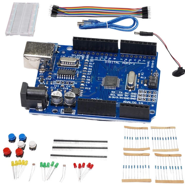 Set Componente Electronice, compatibil Arduino UNO, placa ATMEGA328 R3 CH340, 400 puncte, compatibil cu placi Arduino