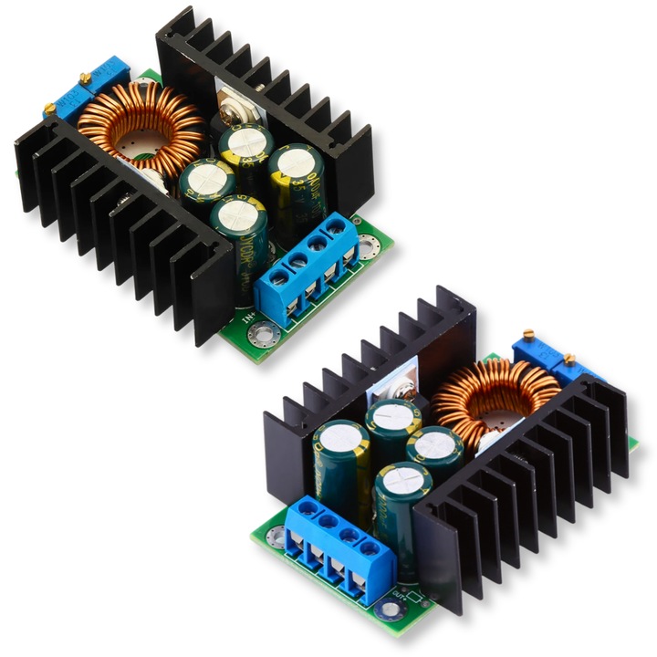 Convertor DC-DC Step-Down 300W, tensiune reglabila 1.5V-35V, curent 1-8A, eficienta ridicata, radiatoare mari pentru racire, ideal pentru proiecte DIY si aplicatii cu spatiu limitat
