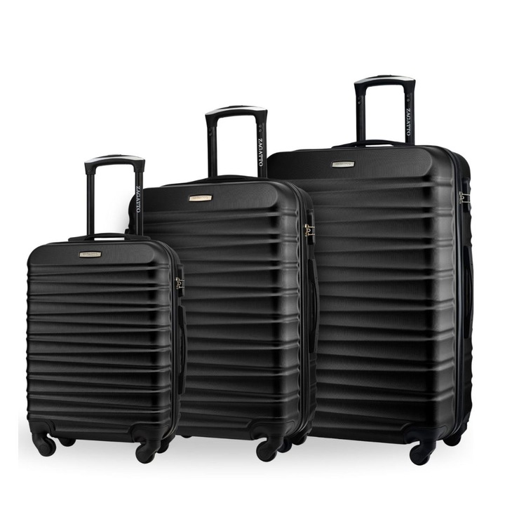 Комплект от 3 ваканционни куфара, Zagatto, черни, размер SML, 55/65/75 см, 35/60/90 л, ръчен и багажник, алуминиева телескопична дръжка, 4 колела 360, Cifru, ZG501