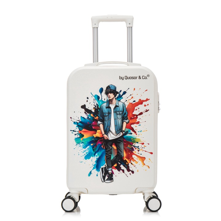 Kabin bőrönd, Quasar & Co., Model Max, teleszkópos fogantyú, 4 dupla kerék 360°-os elforgatással, Számzáras, ABS, Sötétfehér