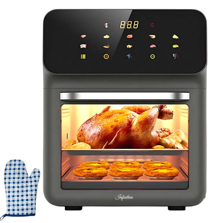 Friteuza cu Aer Cald Infiniteea™, Airfryer, Capacitate 10L, 1350W, Gatire pe 3 Nivele, 10 Programe, Multifunctional, Temperatura Ajustabila, Ecran cu Touch Screen, Manusa si 2 Tavi Incluse, Gri