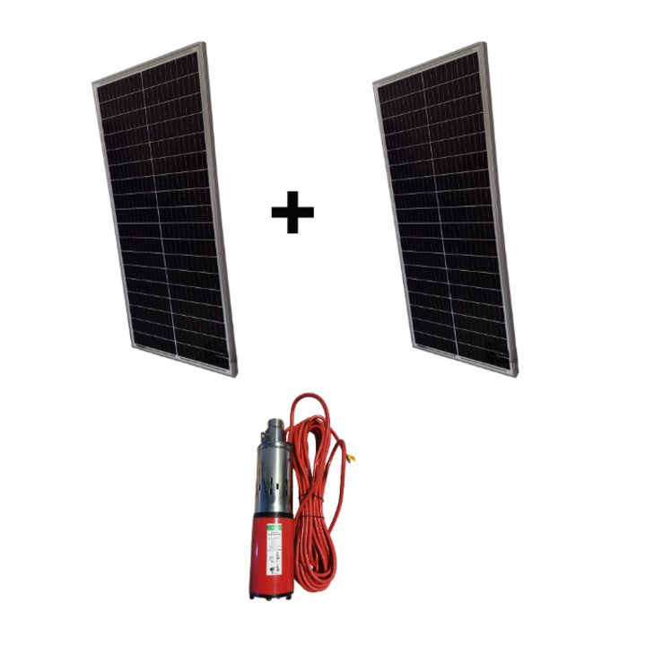 Pompa apa submersibila 12V, ridicare apa de la max 30m, 220W, cu 2 x panou solar fotovoltaic 70W monocristalin, off-grid, Solid Volt, nu necesita acumulator, fantana, put, lac, irigat, gradina