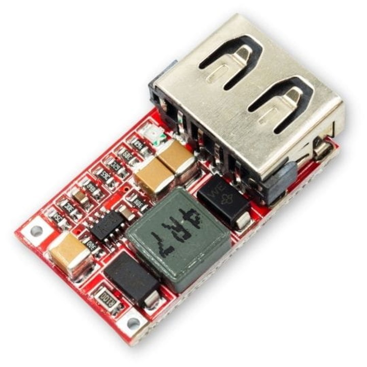 Incarcator USB 5V Convertor coborator 6-24V 3A, compatibil Arduino, Raspberry Pi, AVR, curent maxim 3A, dimensiuni compacte 25mm x 15mm x 8mm, LED indicator de incarcare, frecventa de comutare 500kHz, conector USB tip A, ideal pentru proiecte DIY