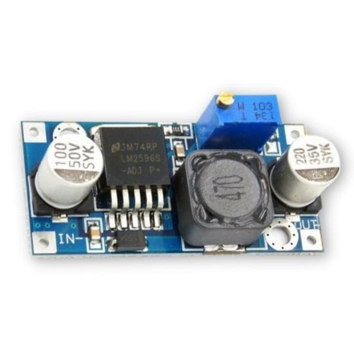 Convertor coborator LM2596S, Step-Down, tensiune intrare 3-40V, iesire 1, 5-35V, curent 3A cu radiator, eficienta ~90%, reglare continua a tensiunii si curentului, frecventa comutare 150 kHz, dimensiuni 43x21x13 mm