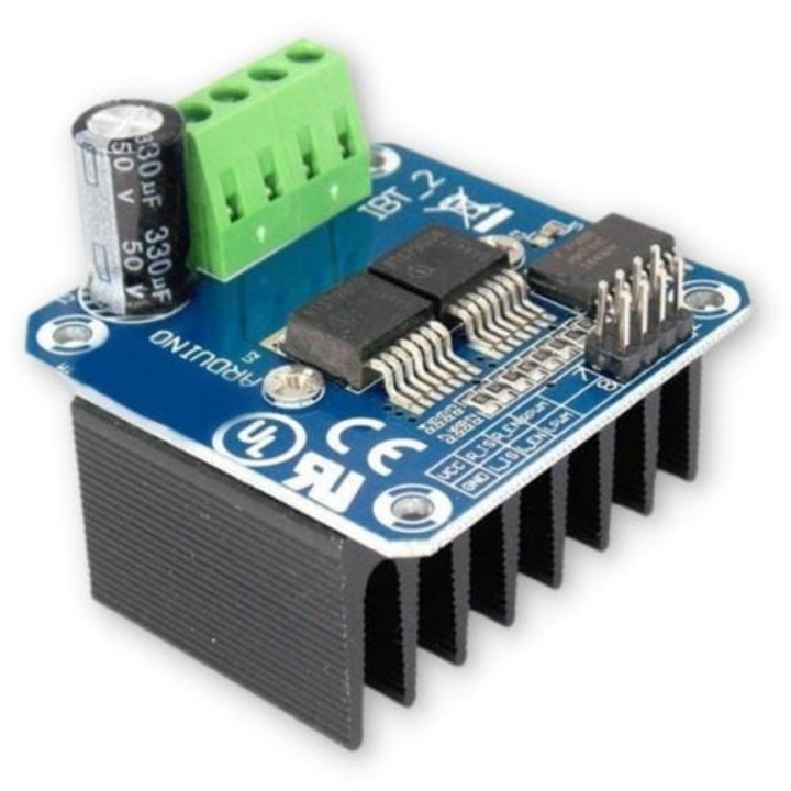Контролер мотор H-мост BTS7960B, 43A, с радиатор, съвместим с Raspberry Pi и Arduino, PWM контрол 0-100%, защита от късо съединение, претоварване, прегряване, напрежение на мотора 5-27V, максимален ток 43A, 50x50x40mm